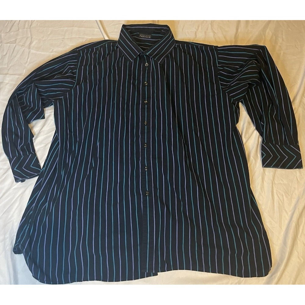 Perry Ellis Portfolio Dress Shirt Mens 3X Black Stripe Regular Fit Cotton LS